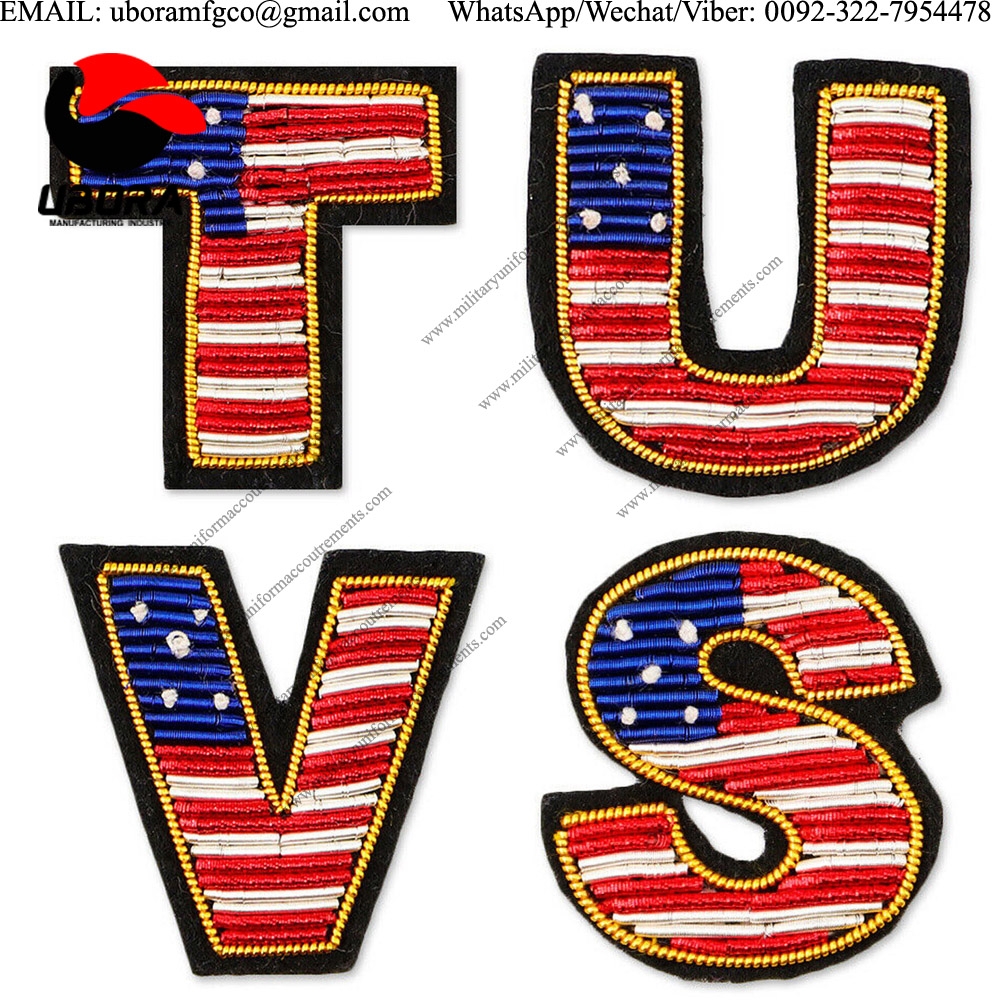letter T,U,V,S Bullion wire brooch pin hand embroidery brooch badges Bullion wire fashion jacket 